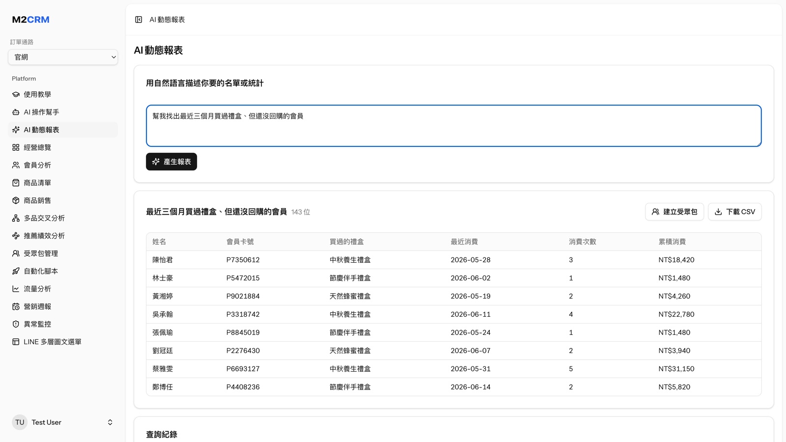 M2CRM AI 動態報表：用一句話產出符合條件的會員名單